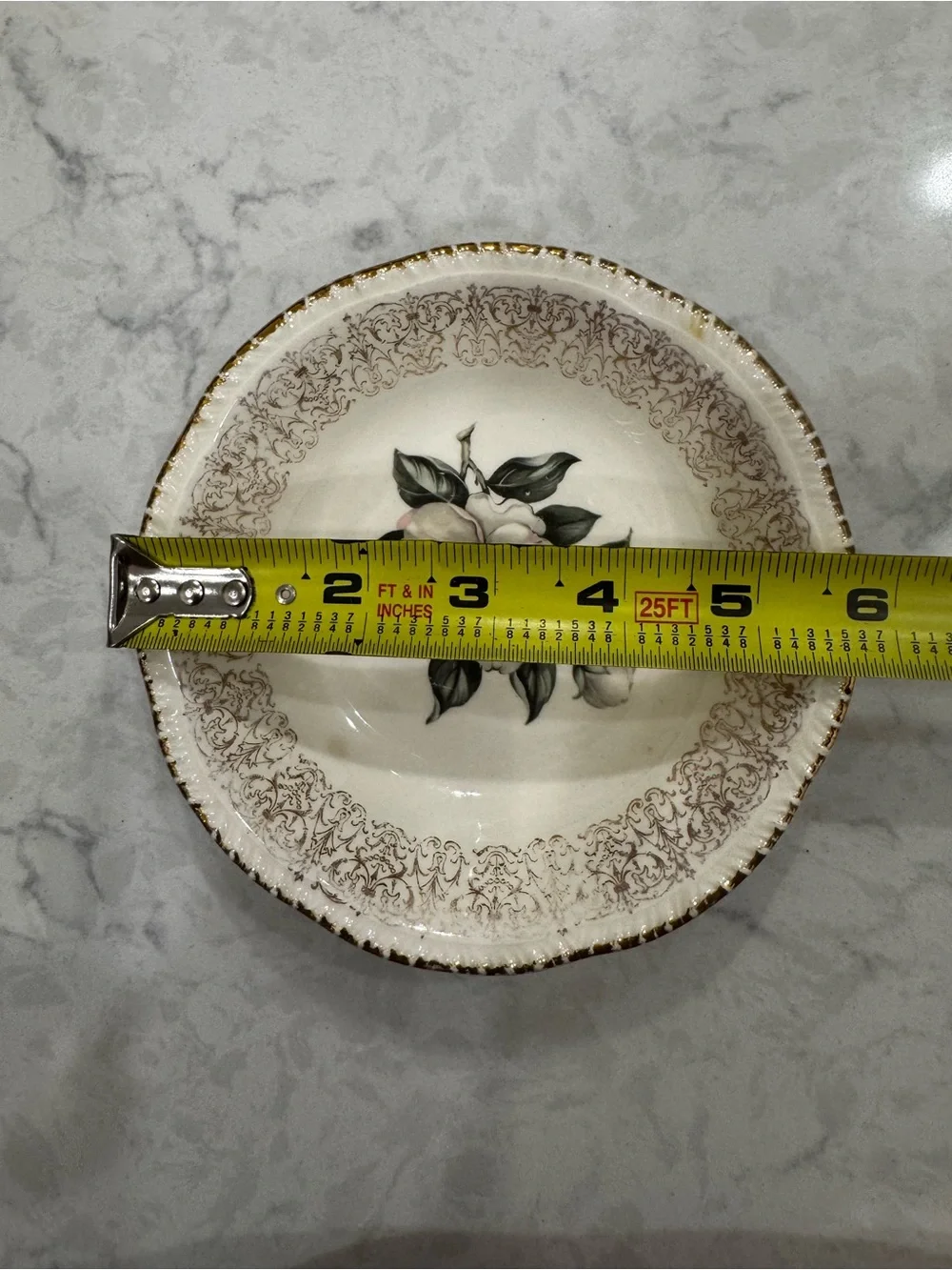 Vintage Magnolia Floral Bowl 6” Gold Trim Scalloped Cottagecore